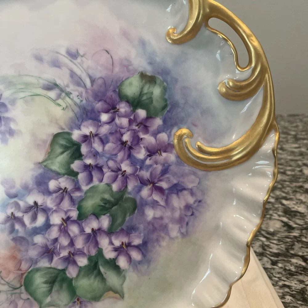 Art Nouveau 14in Hand Painted Vanity Plate Hydrangea Flowers W/gold Trim # G893W